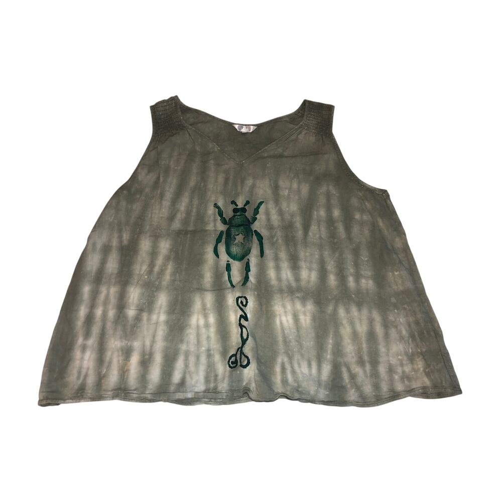 Linen Beetle Tank Top Size XL Green Ruched Shoulder Upcycled Relaxed Fit Artsy